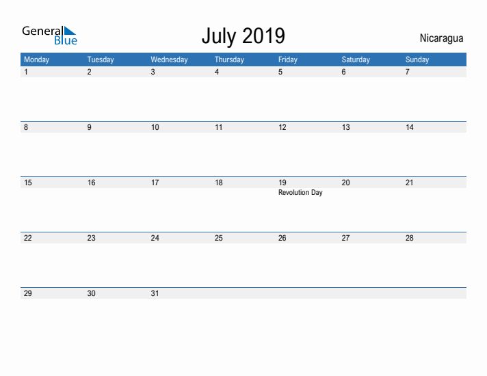 Fillable July 2019 Calendar