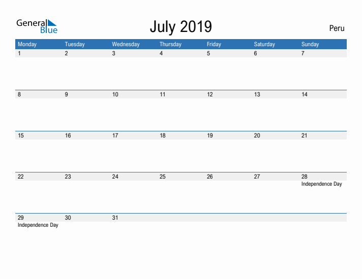 Fillable July 2019 Calendar