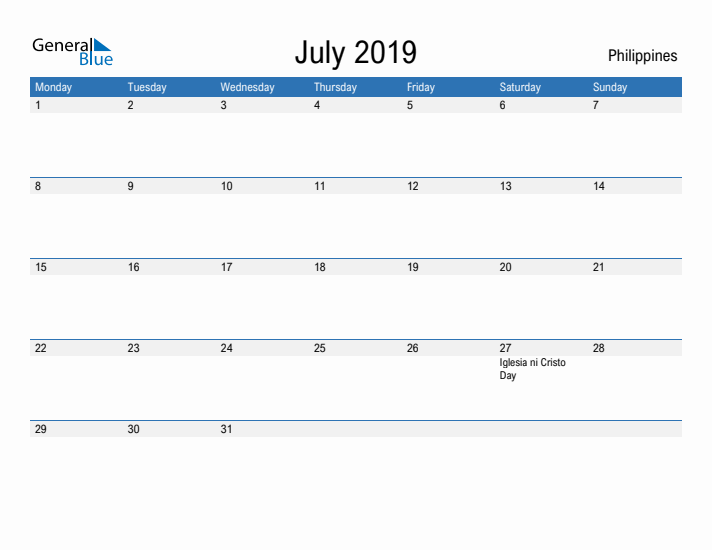 Fillable July 2019 Calendar