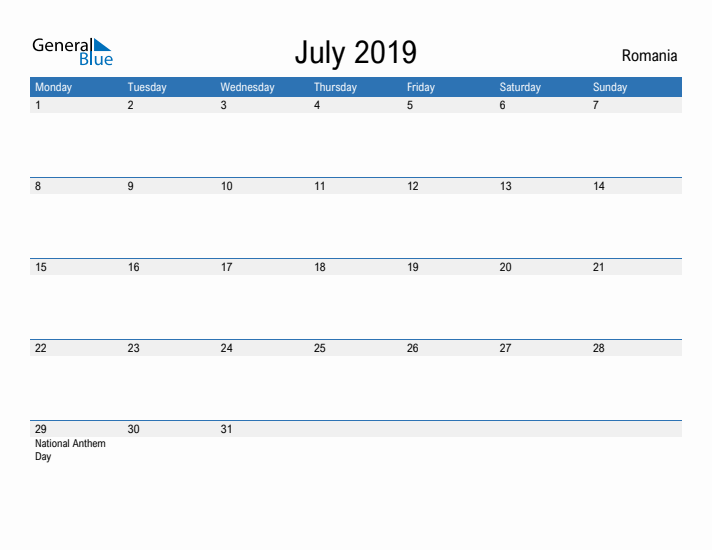 Fillable July 2019 Calendar