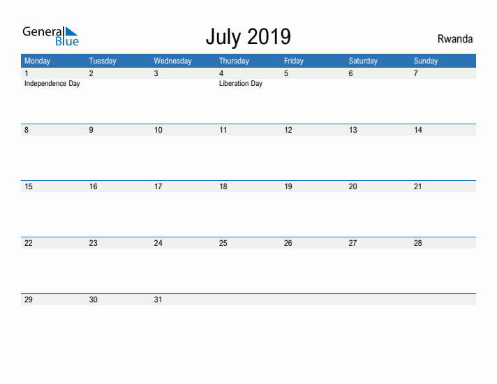 Fillable July 2019 Calendar