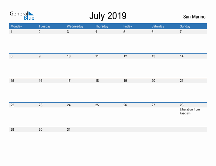 Fillable July 2019 Calendar