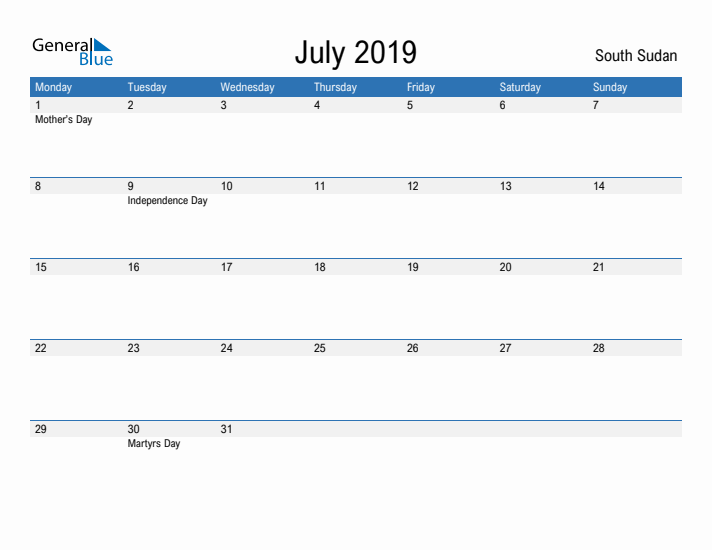 Fillable July 2019 Calendar