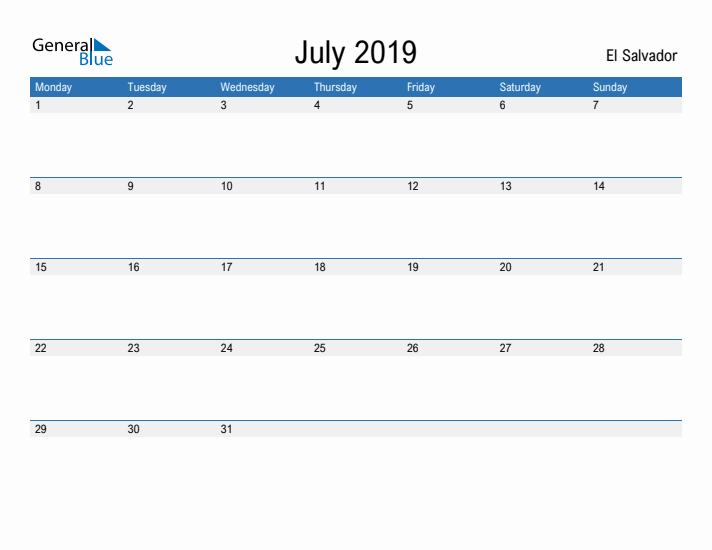 Fillable July 2019 Calendar