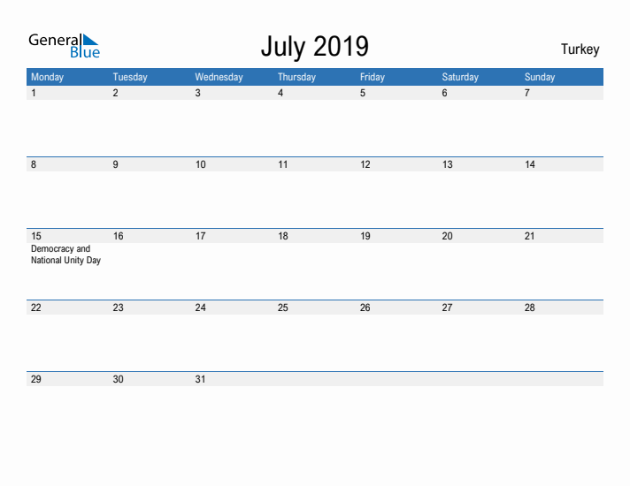 Fillable July 2019 Calendar