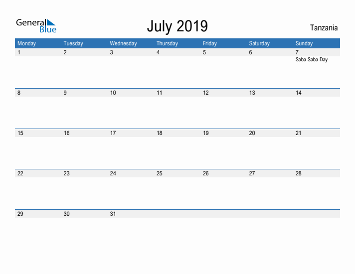 Fillable July 2019 Calendar