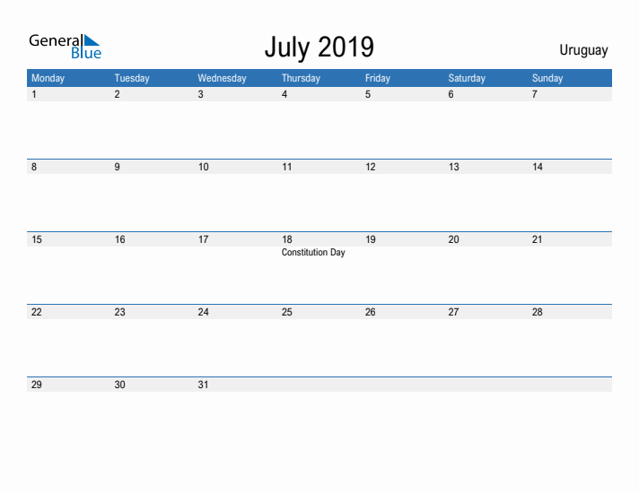 Fillable July 2019 Calendar