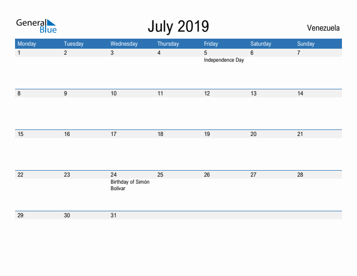 Fillable July 2019 Calendar