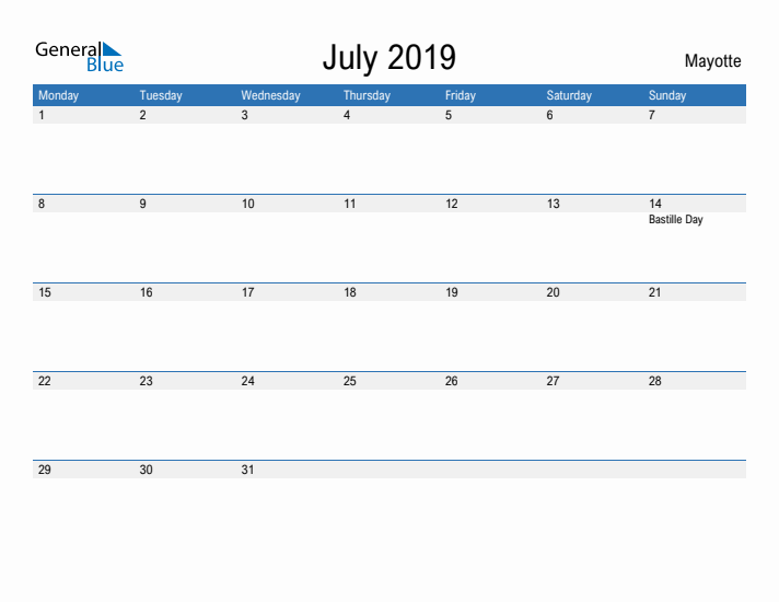 Fillable July 2019 Calendar