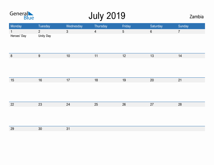 Fillable July 2019 Calendar