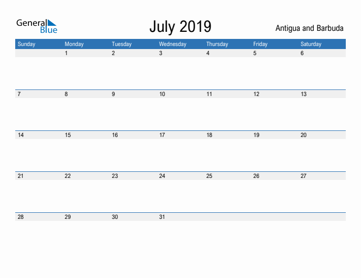 Fillable July 2019 Calendar