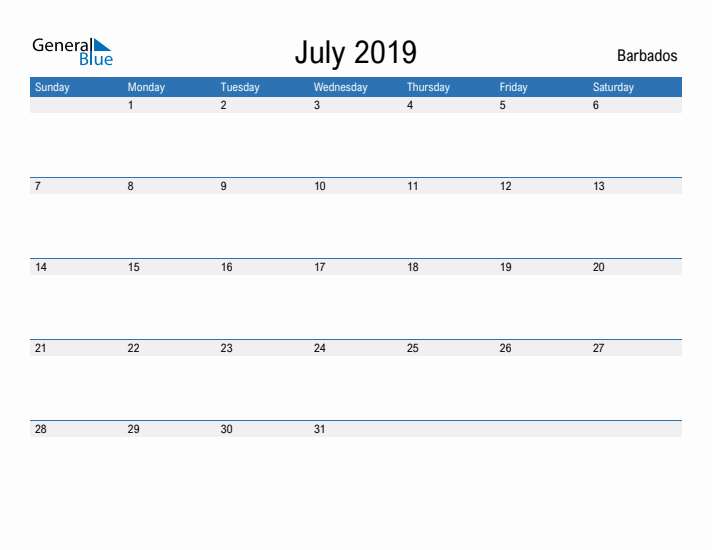 Fillable July 2019 Calendar