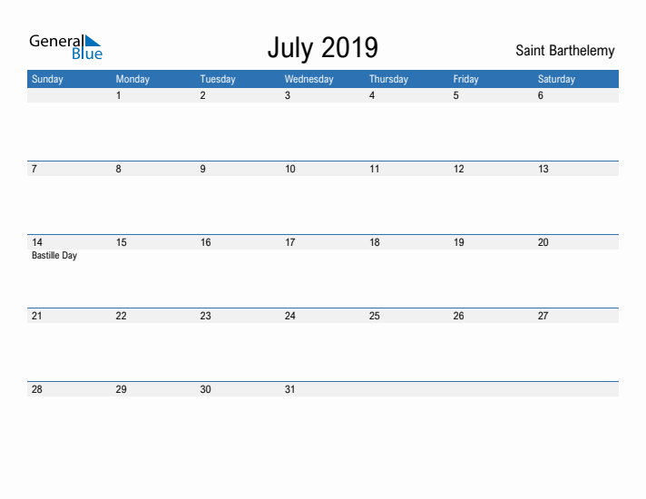 Fillable July 2019 Calendar