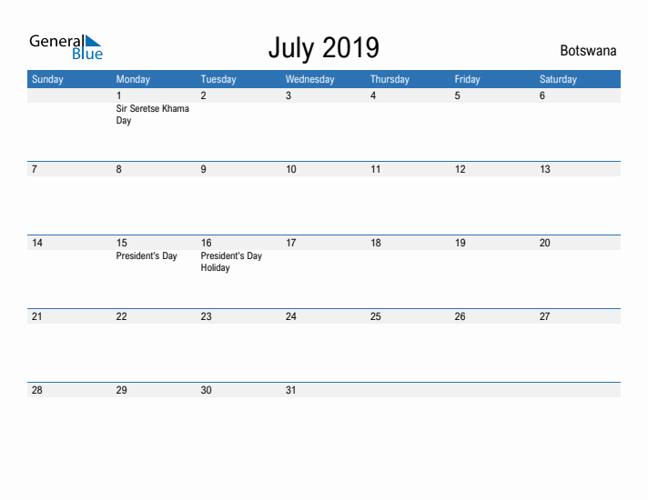 Fillable July 2019 Calendar