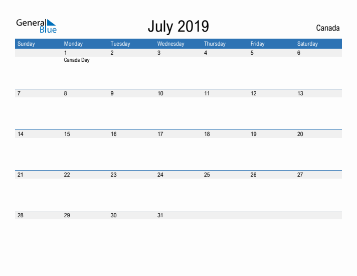 Fillable July 2019 Calendar