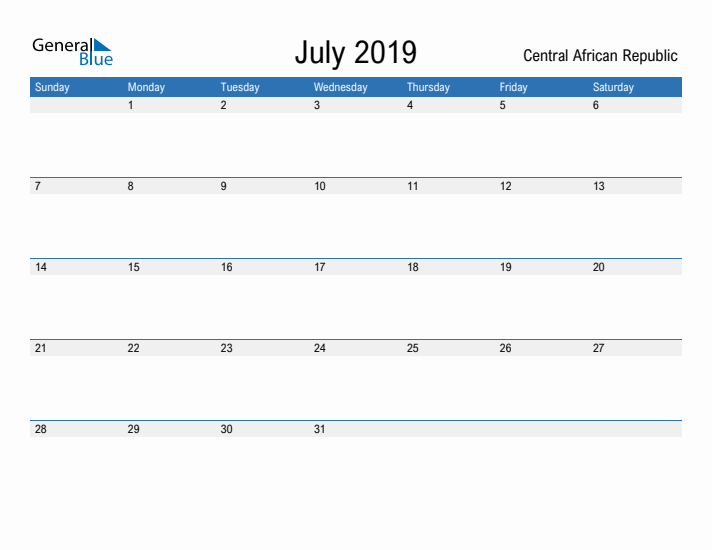 Fillable July 2019 Calendar