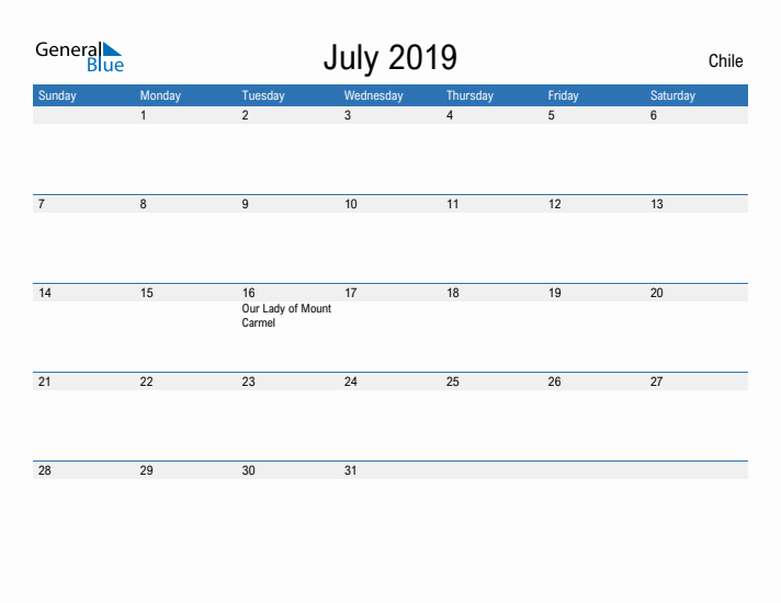 Fillable July 2019 Calendar