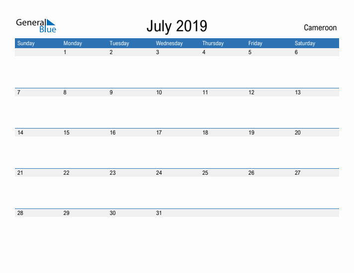 Fillable July 2019 Calendar