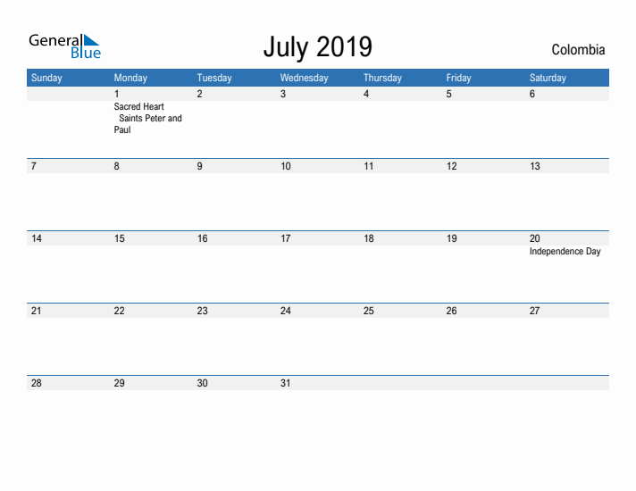 Fillable July 2019 Calendar