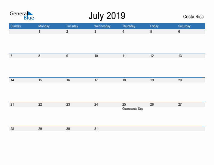 Fillable July 2019 Calendar