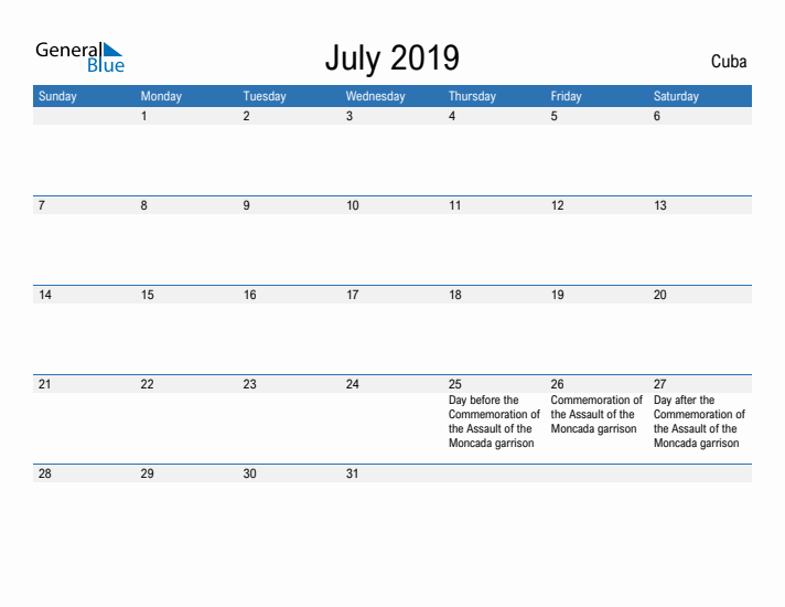 Fillable July 2019 Calendar