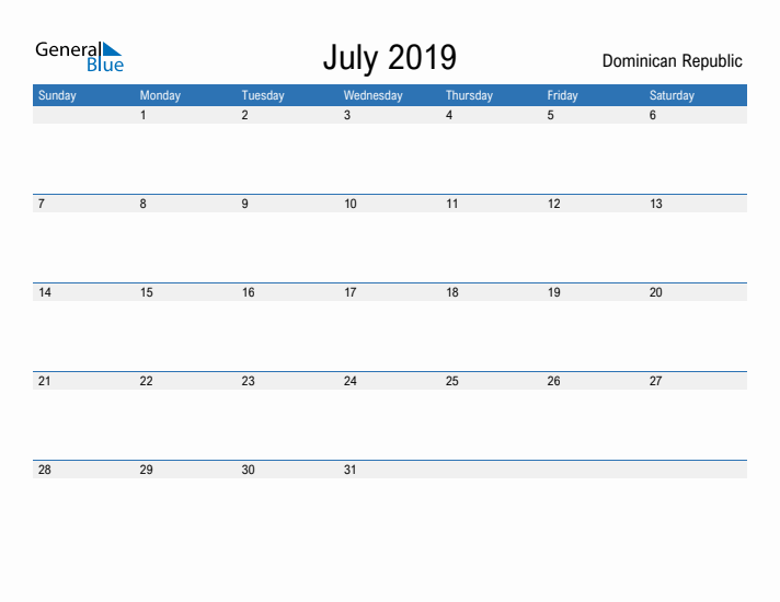 Fillable July 2019 Calendar