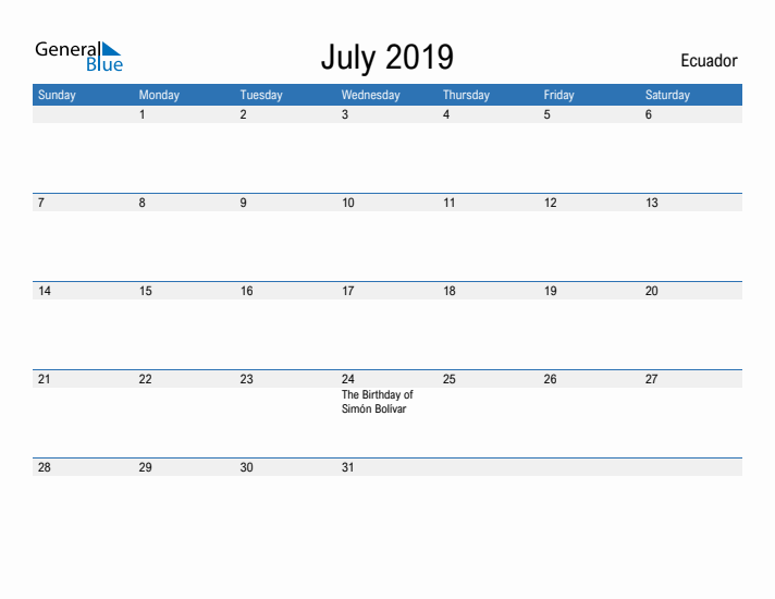 Fillable July 2019 Calendar