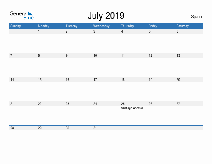 Fillable July 2019 Calendar