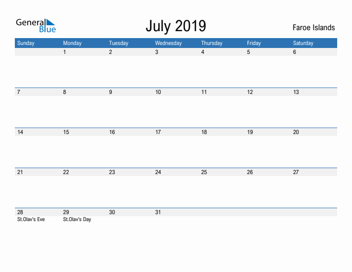 Fillable July 2019 Calendar