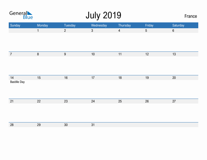 Fillable July 2019 Calendar