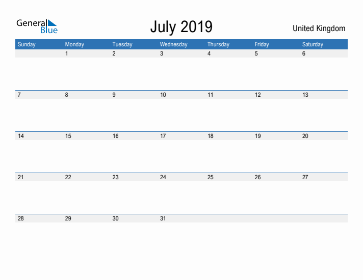 Fillable July 2019 Calendar