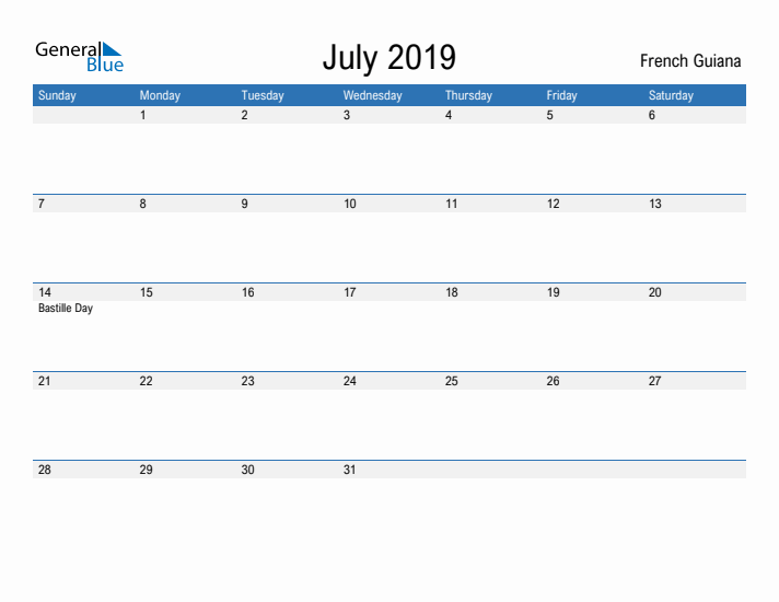 Fillable July 2019 Calendar