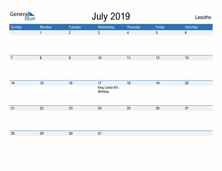 Fillable July 2019 Calendar