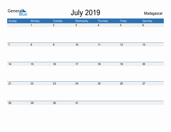 Fillable July 2019 Calendar