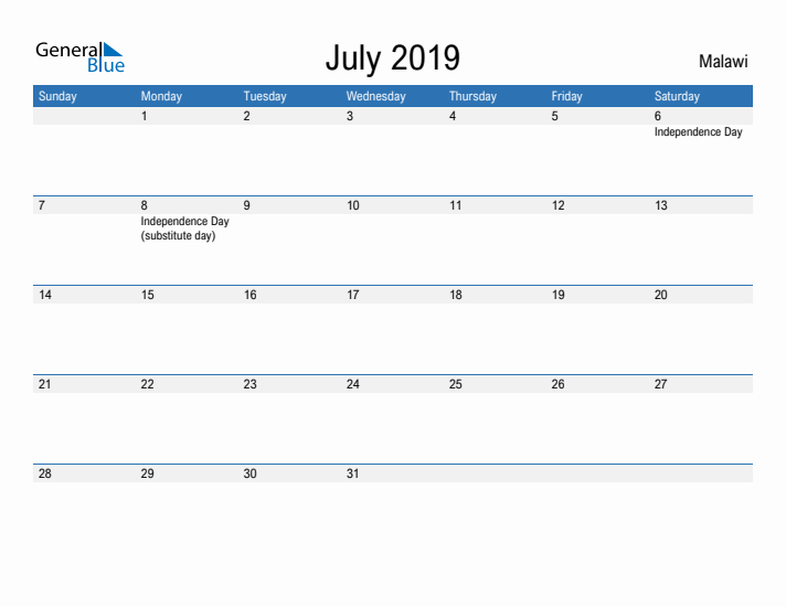 Fillable July 2019 Calendar