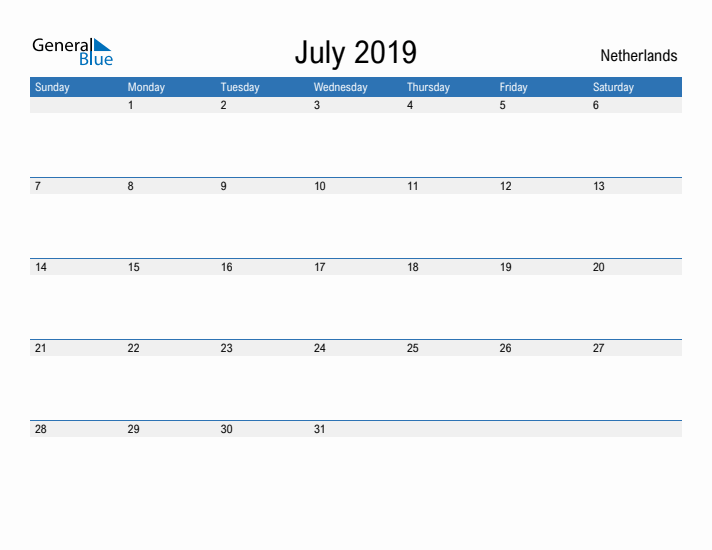 Fillable July 2019 Calendar