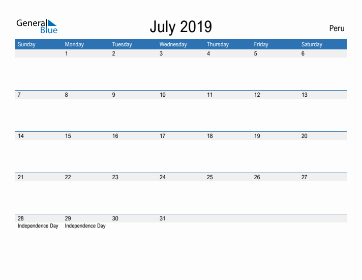 Fillable July 2019 Calendar