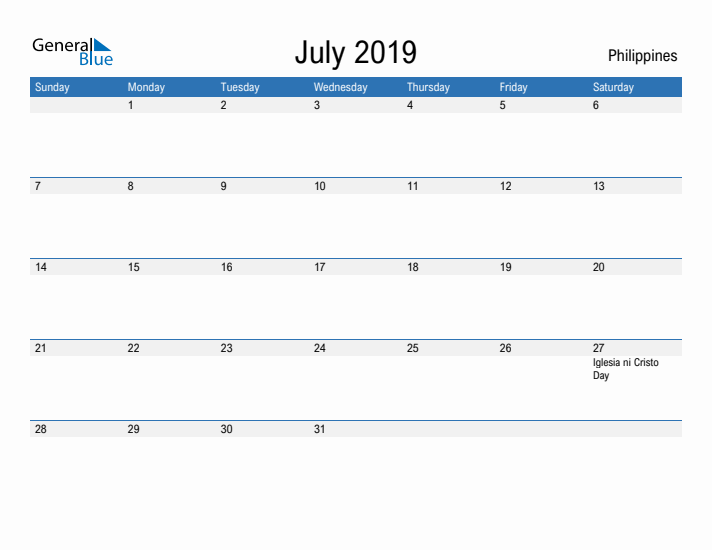 Fillable July 2019 Calendar