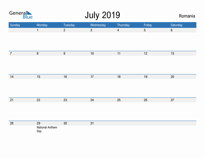 Fillable July 2019 Calendar