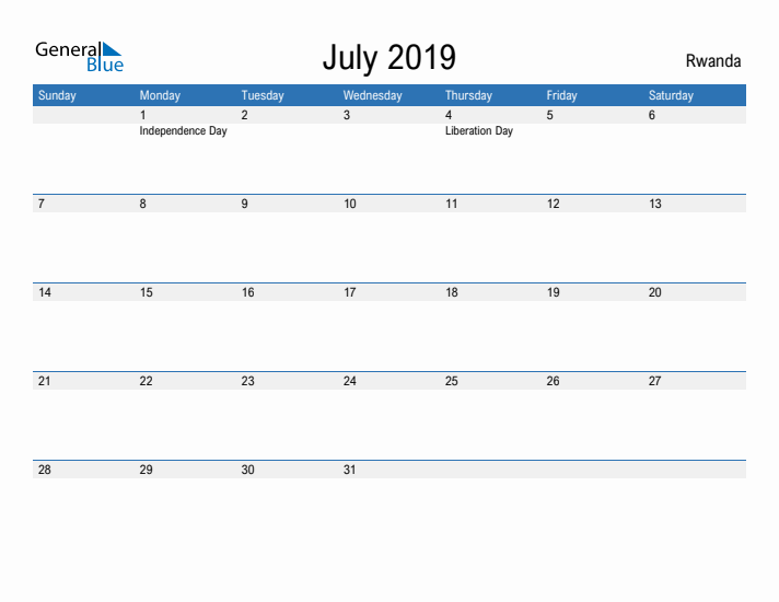 Fillable July 2019 Calendar