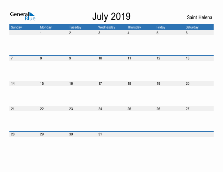 Fillable July 2019 Calendar