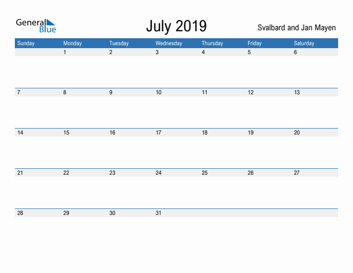 Fillable July 2019 Calendar