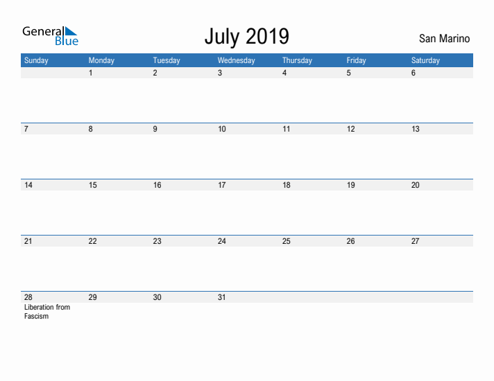 Fillable July 2019 Calendar