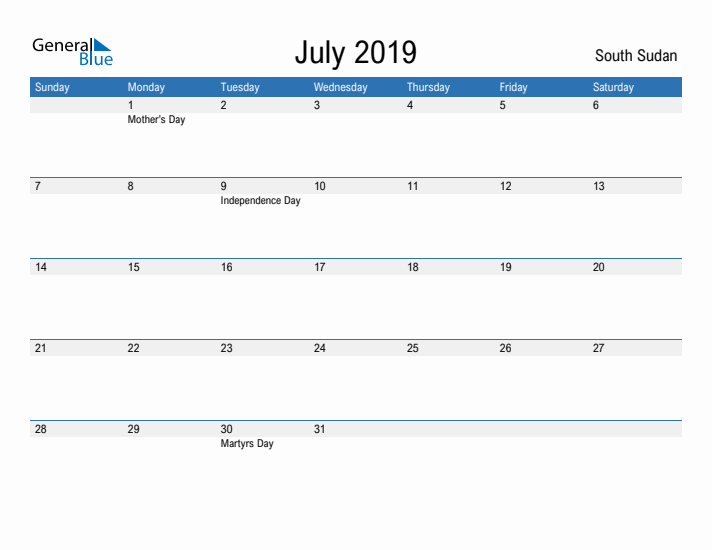 Fillable July 2019 Calendar