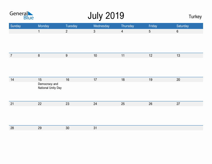 Fillable July 2019 Calendar