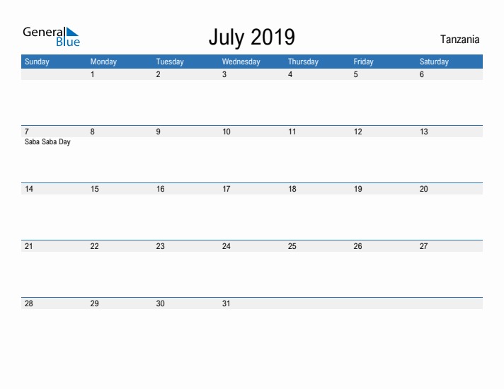 Fillable July 2019 Calendar