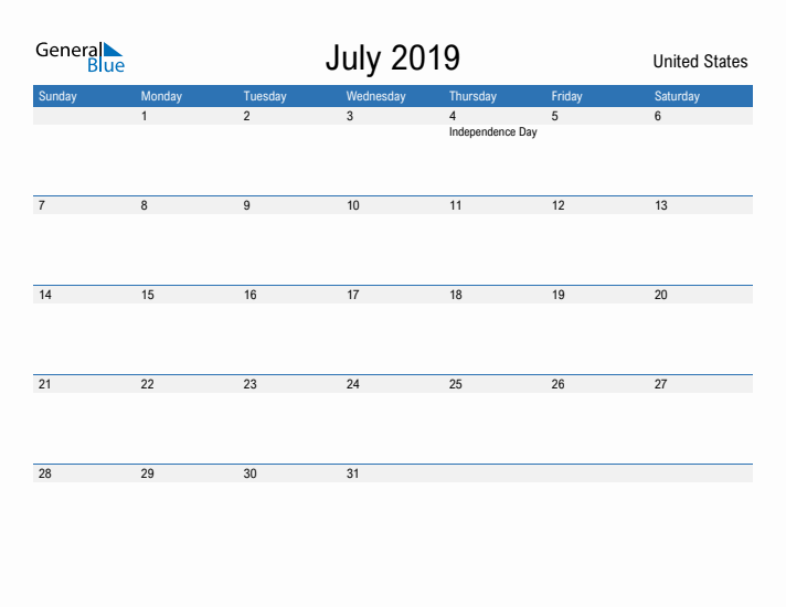 Fillable July 2019 Calendar