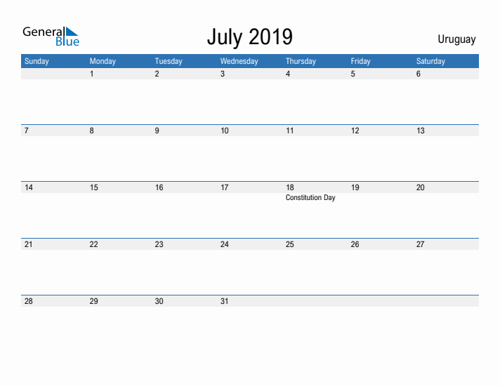 Fillable July 2019 Calendar