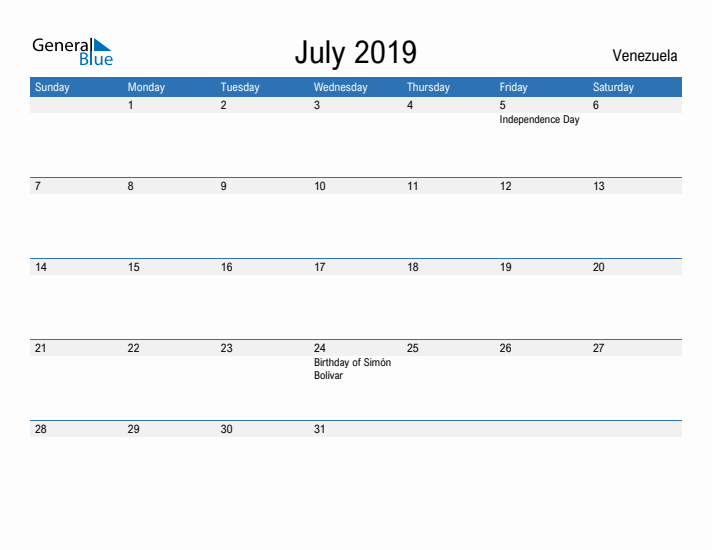 Fillable July 2019 Calendar