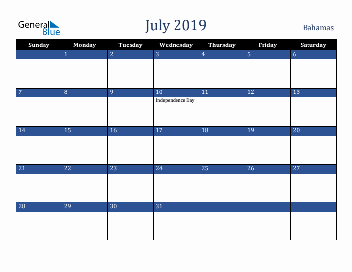 July 2019 Bahamas Calendar (Sunday Start)